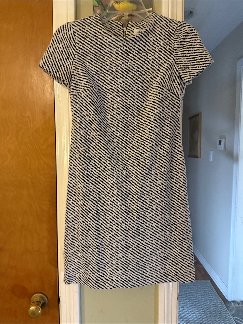 Calvin Klein Navy and White Diagonal Stripe Short-Sleeve Shift Dress